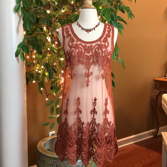 Pretty Angel Dresses & Skirts - PRETTY ANGEL BRONZE/IRANGE SHEER CROCHET DRESS SM